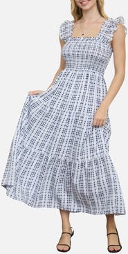 Blu Pepper Plaid Ruffle Smocked Fit & Flare Midi Dress