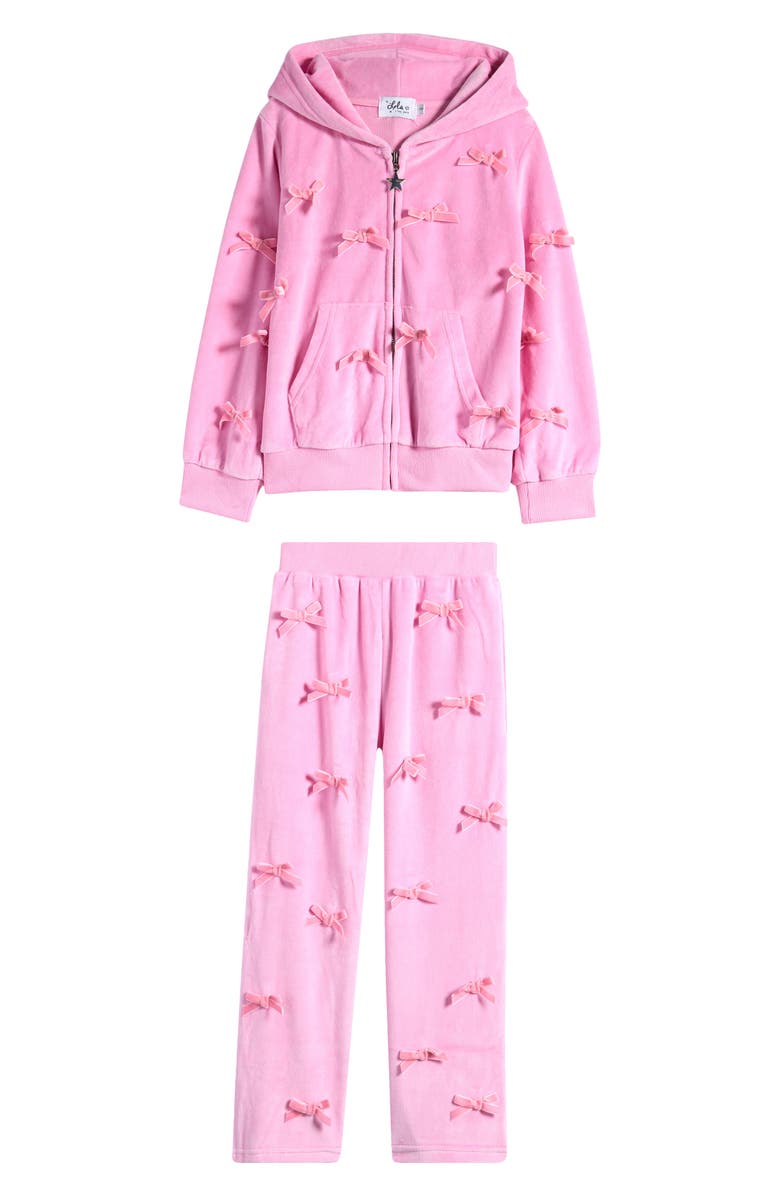 Lola + The Boys Kids' Margot Bow Detail Velour Zip-Up Hoodie & Wide Pants Set, Main, color, 