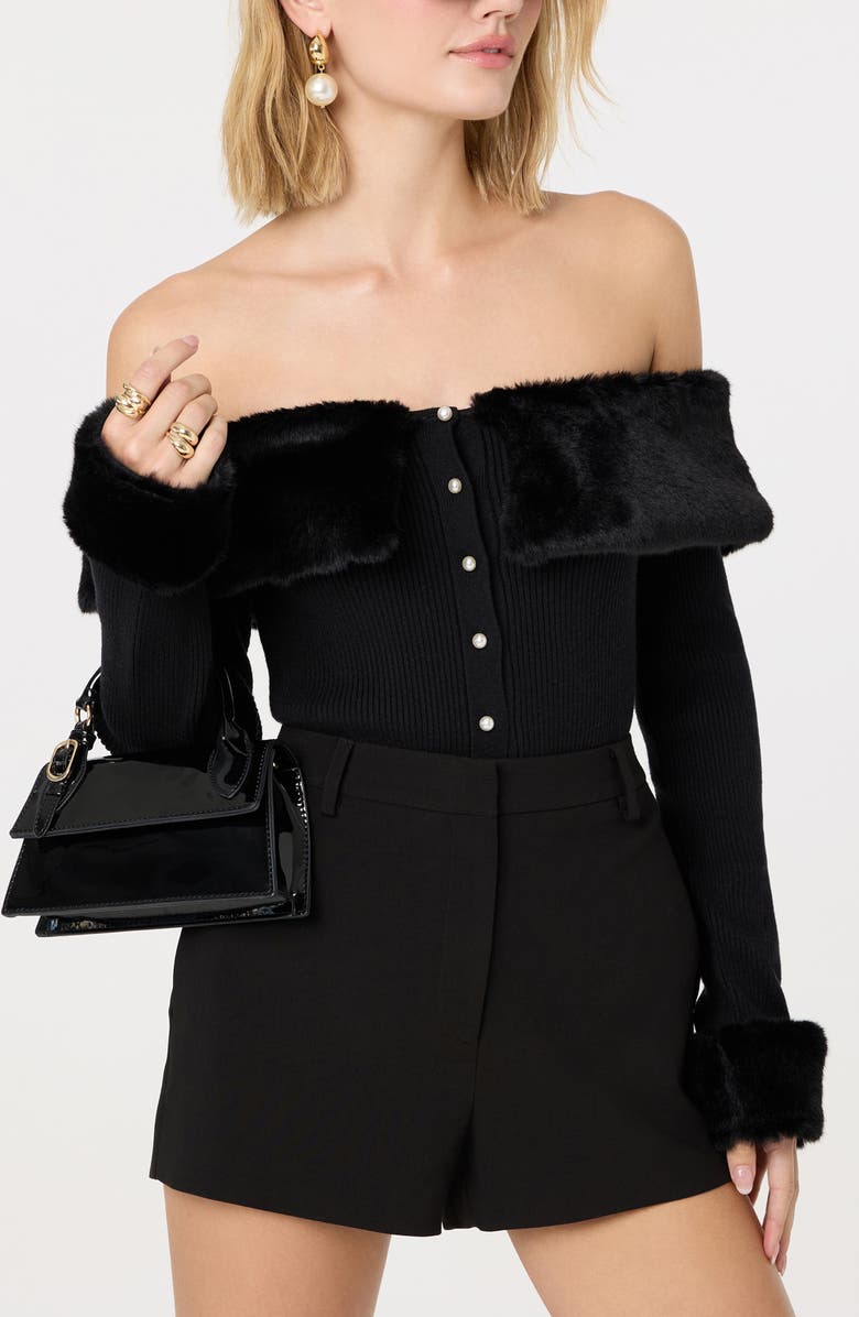 ASTR the Label Tabathia Off the Shoulder Faux Fur Trim Sweater, Alternate, color, Black