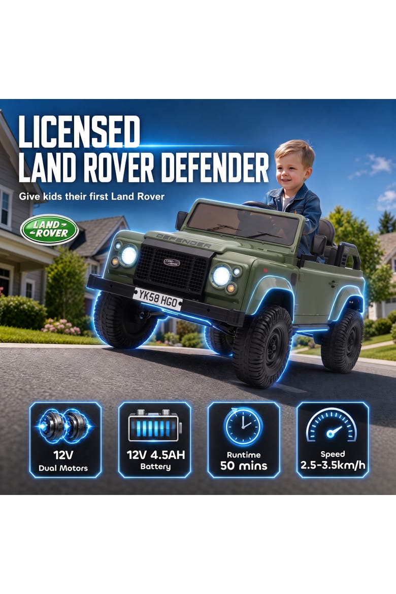 12V Electric Car for Kids Aged 3+ Years, Licensed Land Rover Defender Toddler Ride on Car w/ Remote Control, Alternate, color, green
