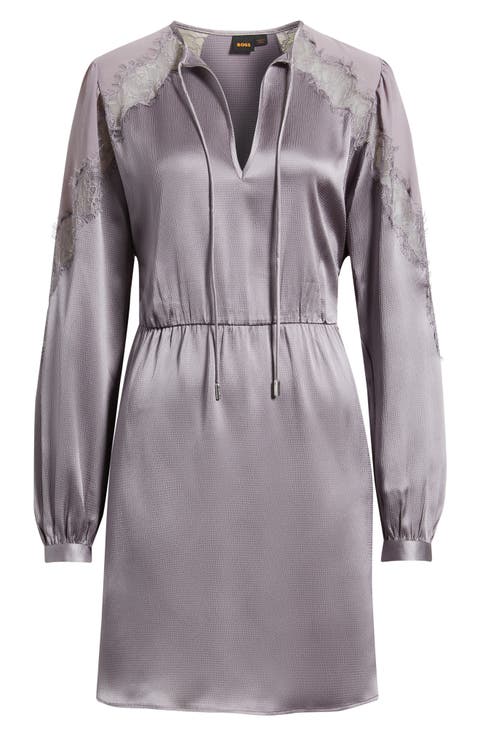 Dlassys Long Sleeve Satin & Lace Dress