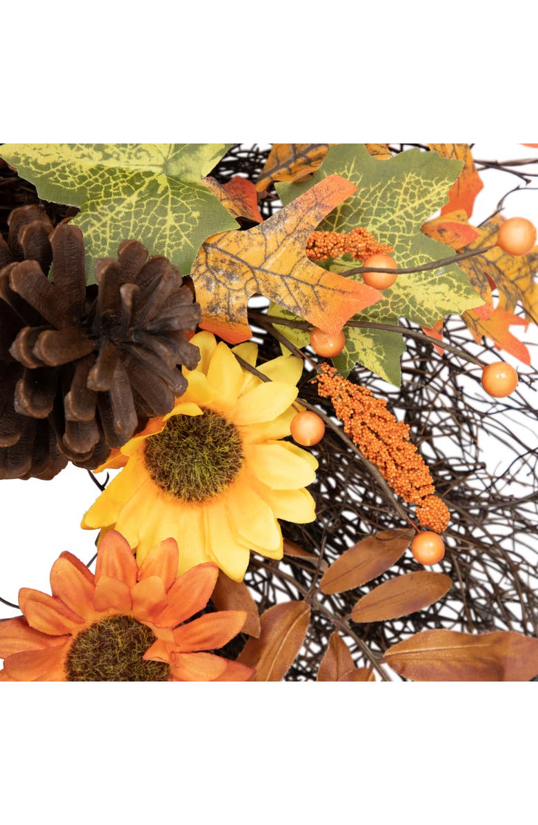 Northlight Sunflowers and Pinecones Artificial Fall Harvest Twig Wreath - 24", Alternate, color, Orange