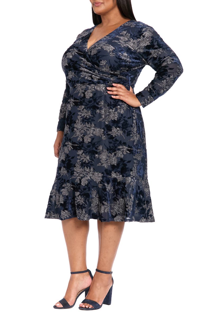 London Times Burnout Floral Velvet Long Sleeve Dress, Alternate, color, Navy Black/ Silver