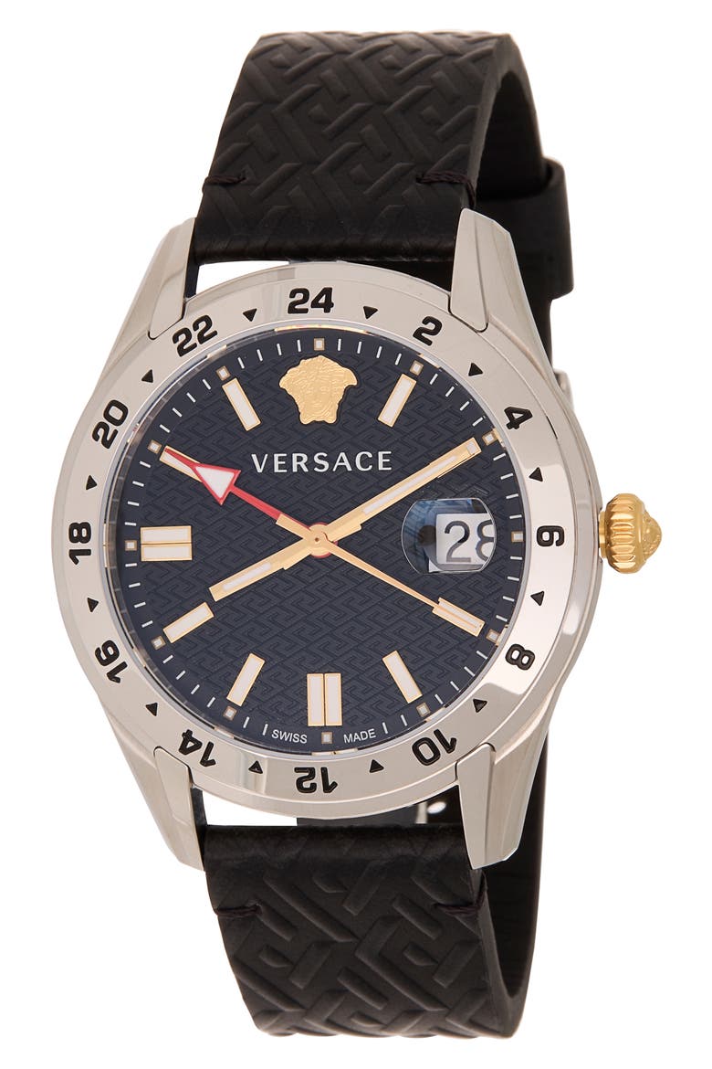 Greca Time Leather Strap Watch, 41mm, Main, color, STAINLESS STEEL