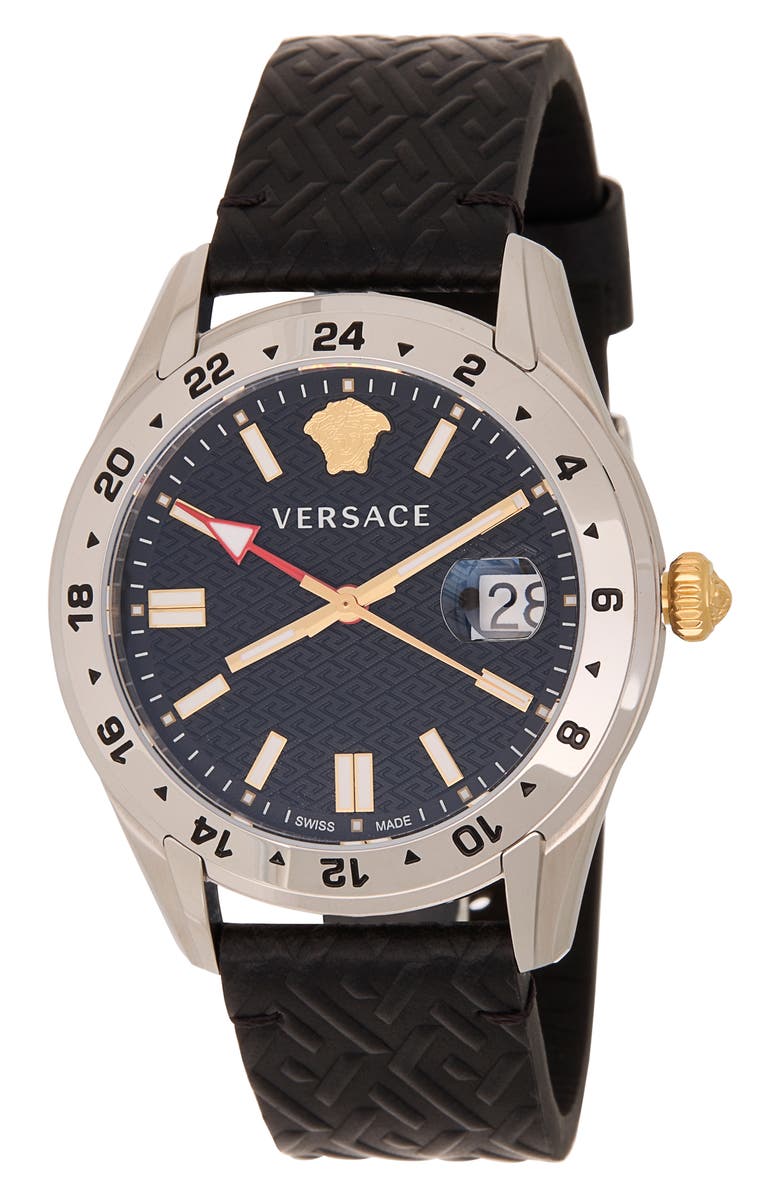 Versace Greca Time Leather Strap Watch, 41mm, Main, color, Stainless Steel