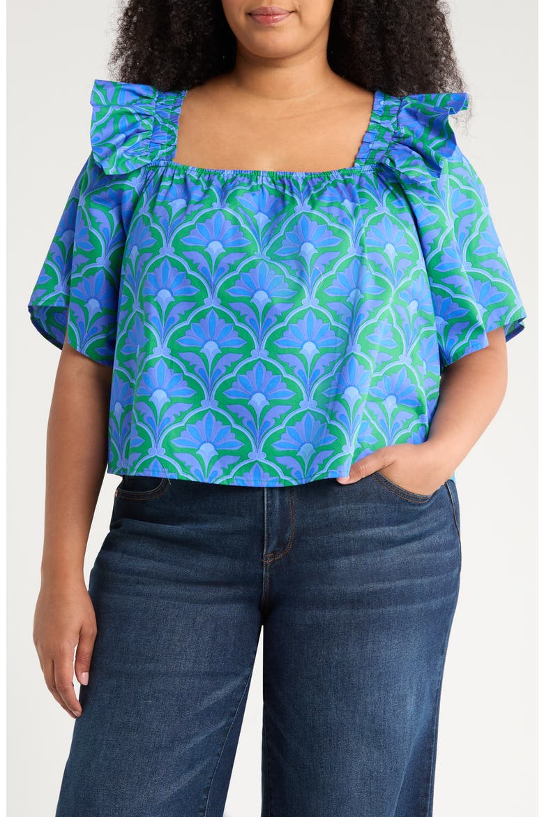 Sera Floral Careen Square Neck Cotton Poplin Top, Main, color, GREEN/ BLUE/ MULTI