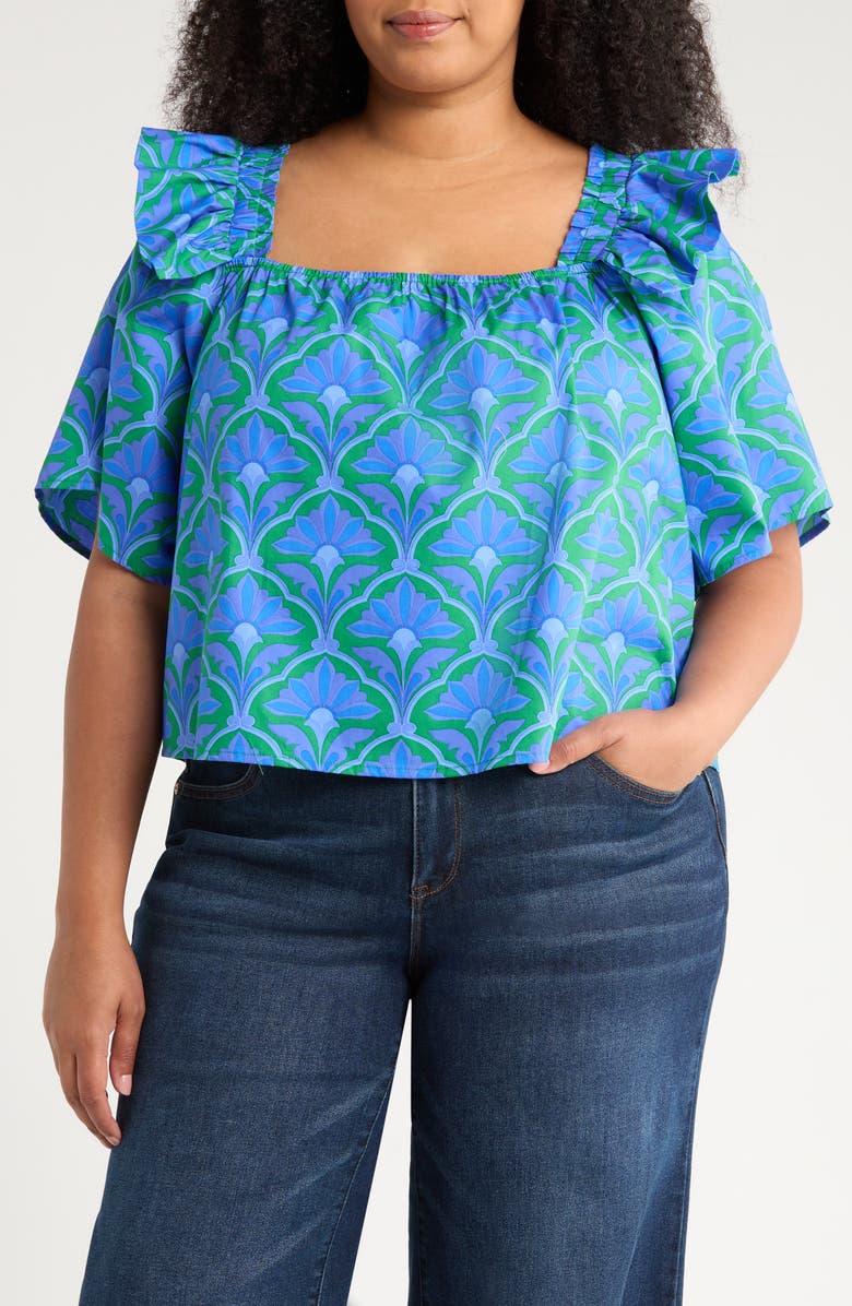 SUGARLIPS Sera Floral Careen Square Neck Cotton Poplin Top, Main, color, Green/ Blue/ Multi