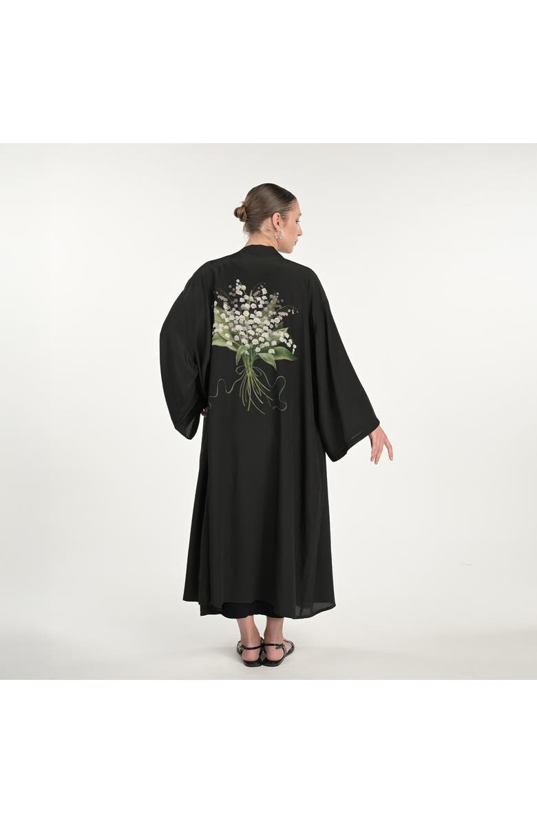Silk&Soul Lily Of The Valley Silk Robe, Alternate, color, Black