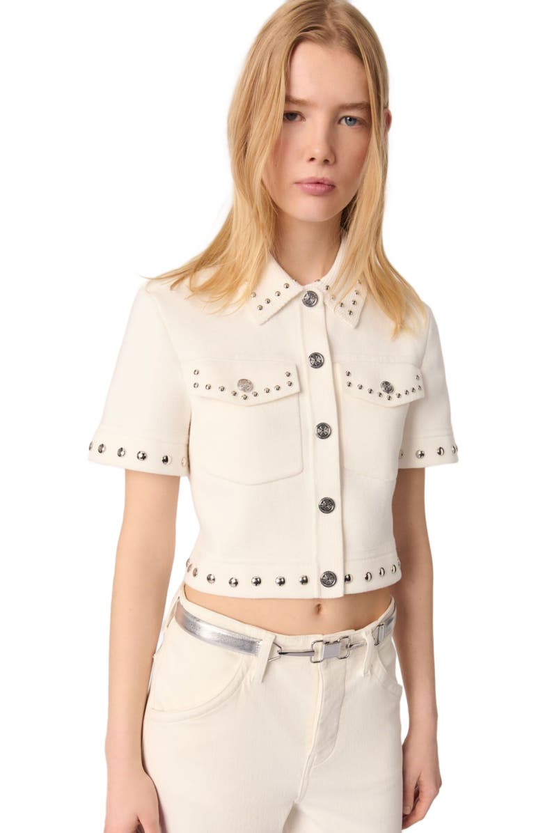 maje Studded cropped cardigan, Alternate, color, Ecru