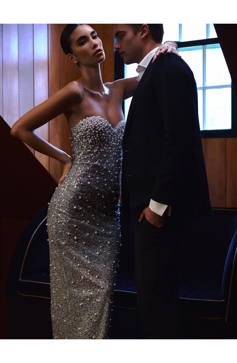 Miss Circle Noelle Sequin Pearl-Embellished Sweetheart Maxi Dress, Alternate, color, Silver