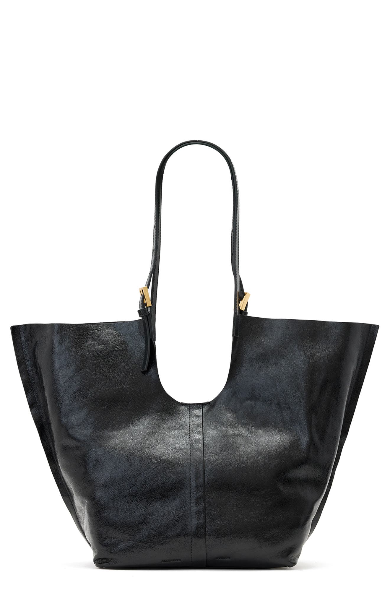 AllSaints Ara Shine Tote Bag, Main, color, Glazed Black