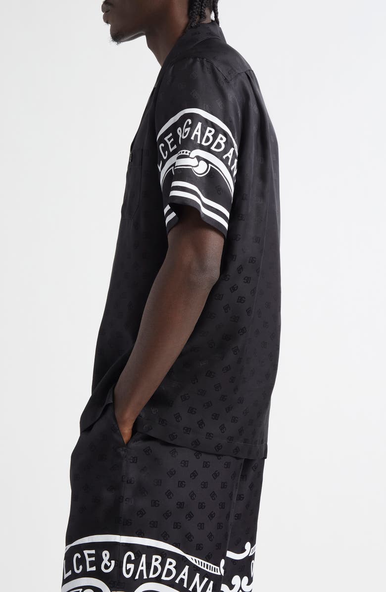 Dolce&Gabbana Logo Jacquard Bandana Print Silk Camp Shirt, Alternate, color, Nero
