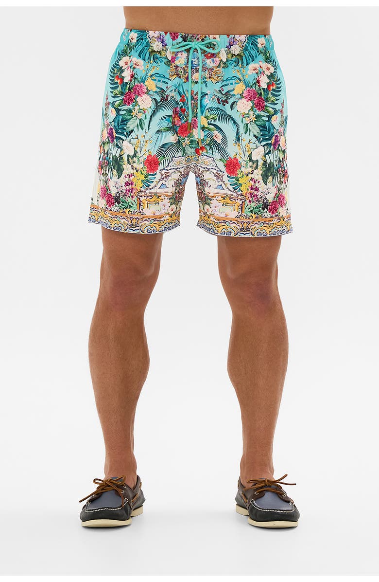 Hotel Franks By Camilla Mid Length Boardshort With Elastic Waist Gardens Of Queluz, Alternate, color, Gardens Of Queluz