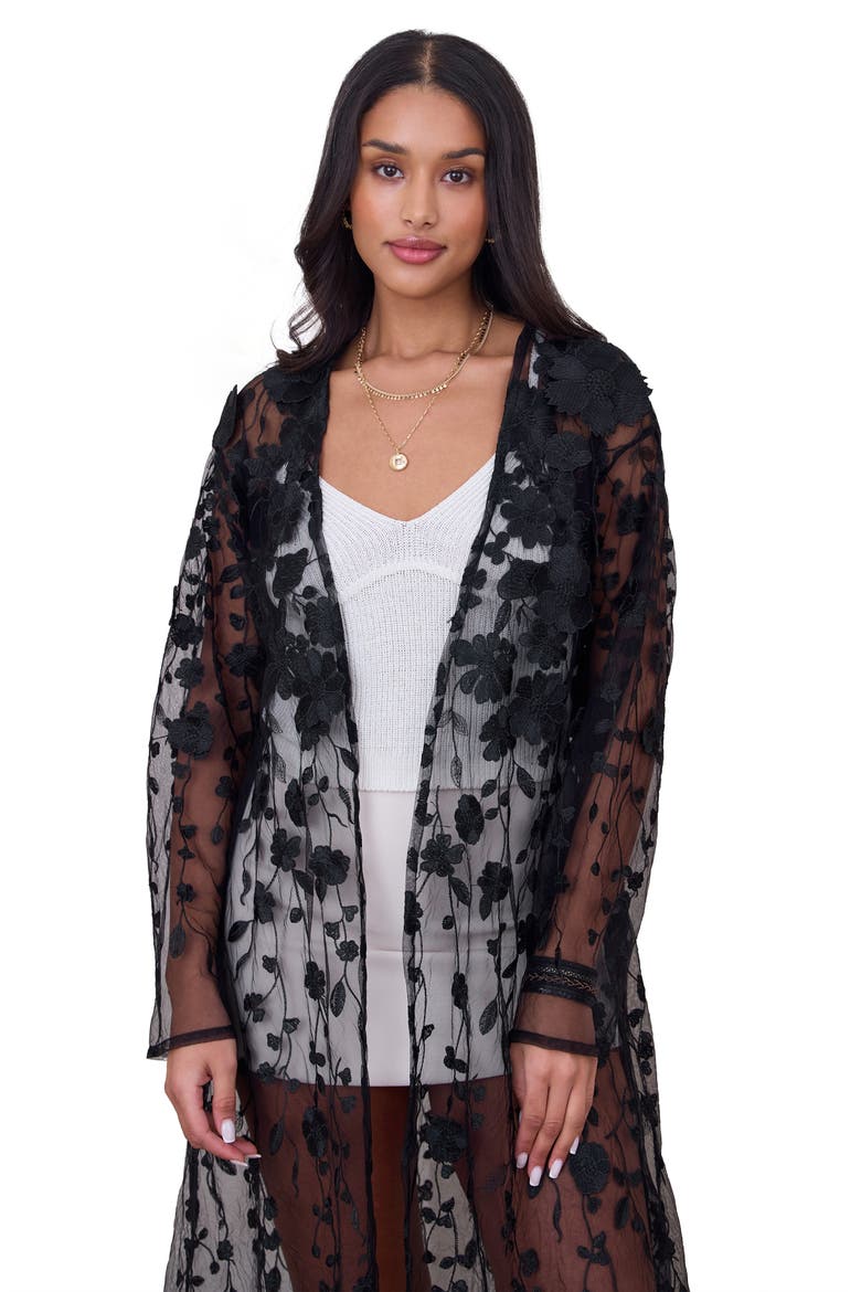 Floral Appliqué Sheer Duster, Main, color, BLACK