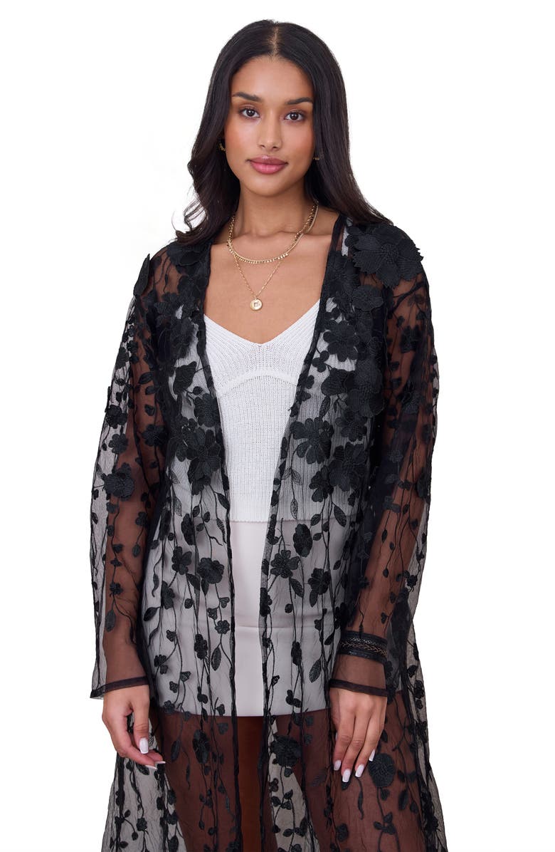 SAACHI Floral Appliqué Sheer Duster, Main, color, Black