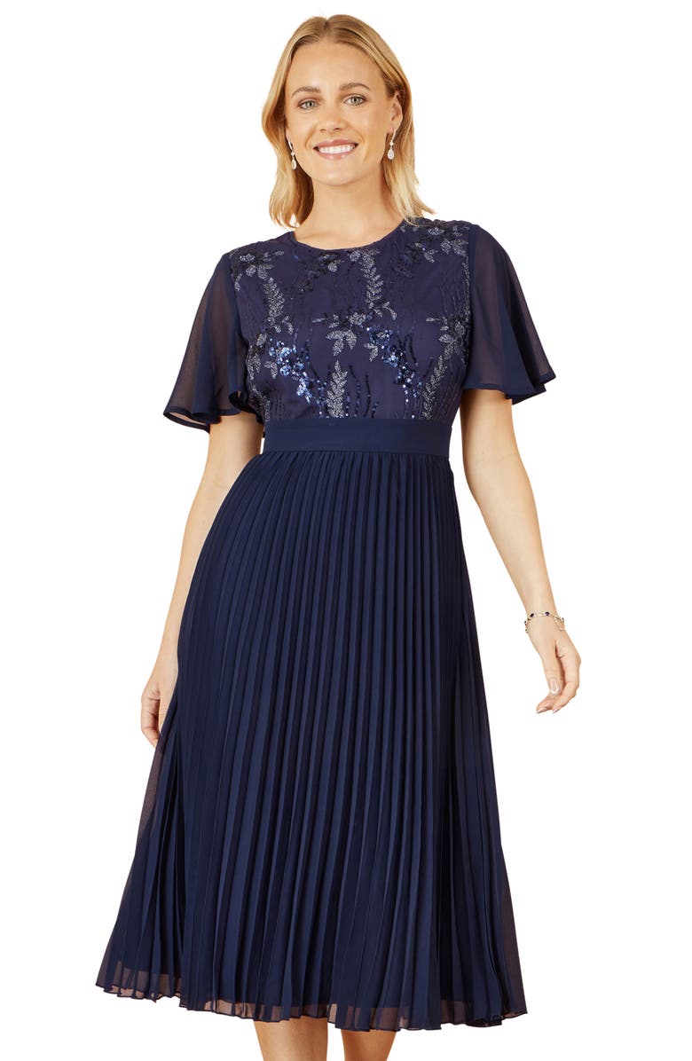 Yumi Sequin Embellished Pleated Midi Dress, Alternate, color, Navy