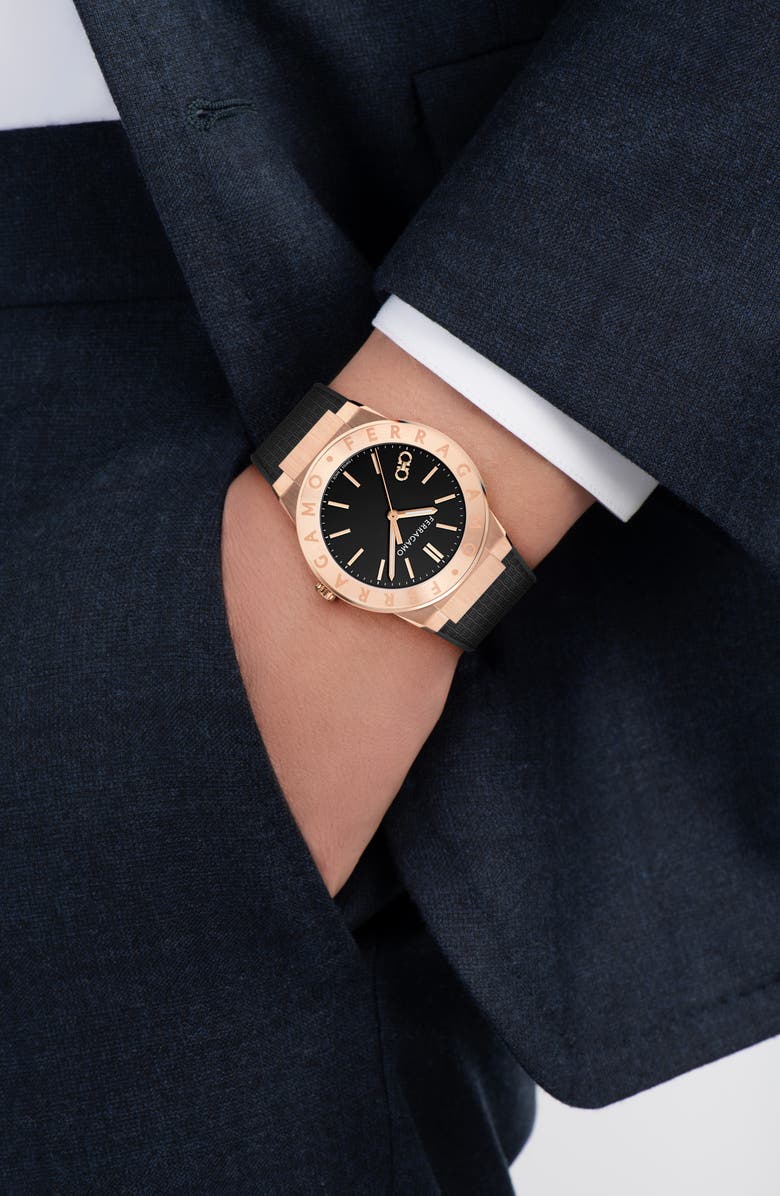 FERRAGAMO Logo Recycled Polyurethane Strap Watch, 41mm, Alternate, color,