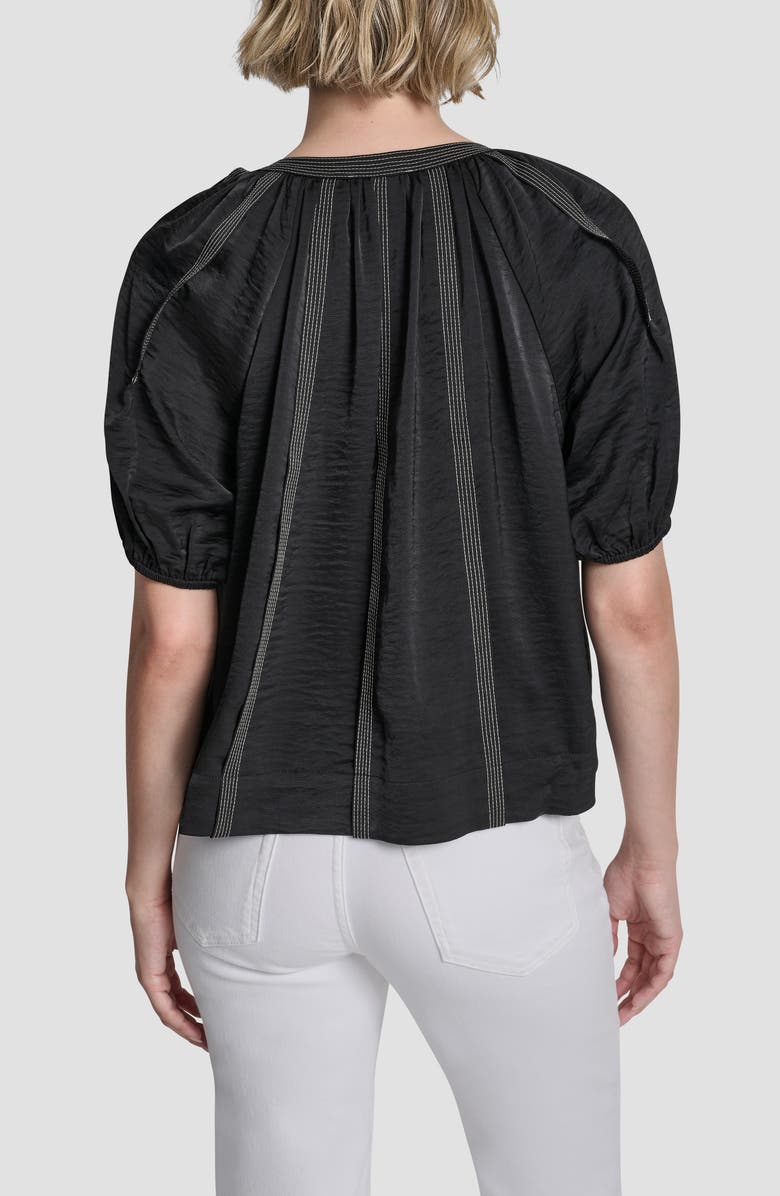 DKNY Puff Sleeve Contrast Stitch Tie Front Top, Alternate, color, Black