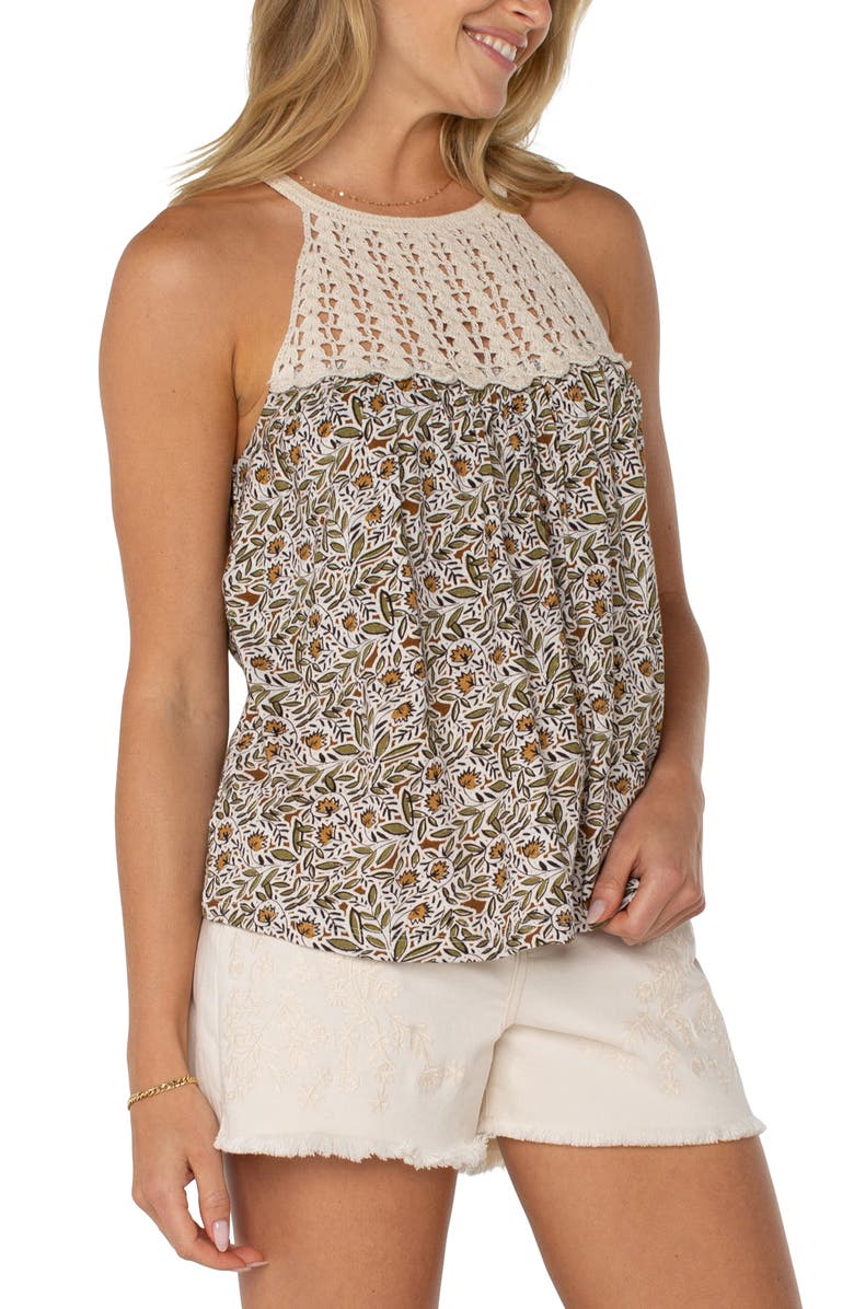 Liverpool Los Angeles Crochet Detail Tank, Alternate, color, Olive Leaf/Cream