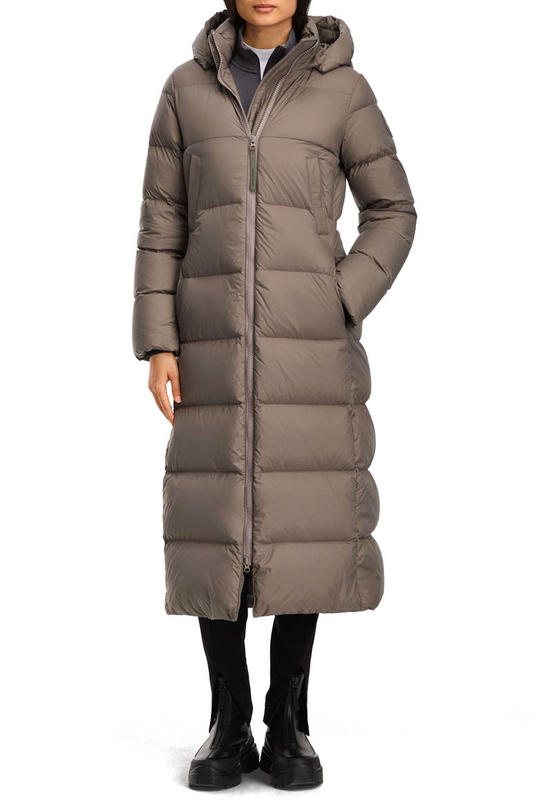 Mystique Tonal Label 750 Fill Power Down Long Puffer Coat, Main, color, TAUPE GREY