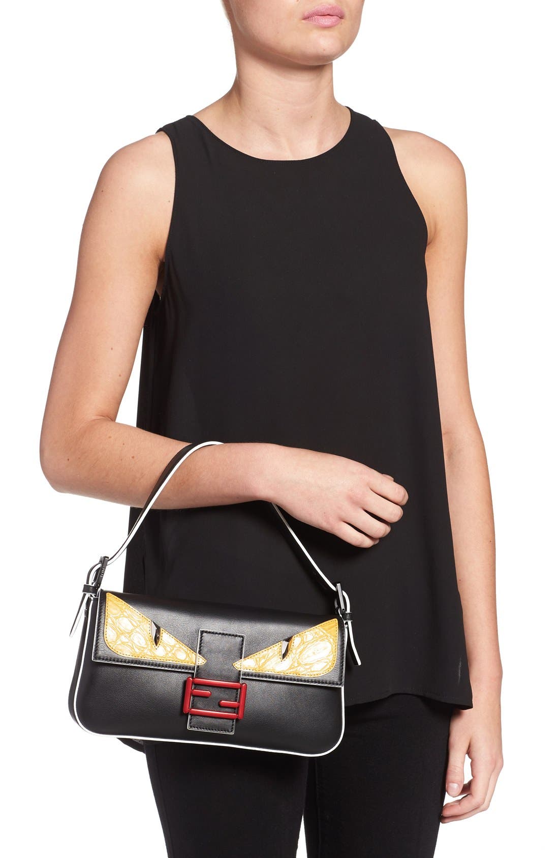 Fendi 'Mini Monster' Leather Baguette, Alternate, color, 