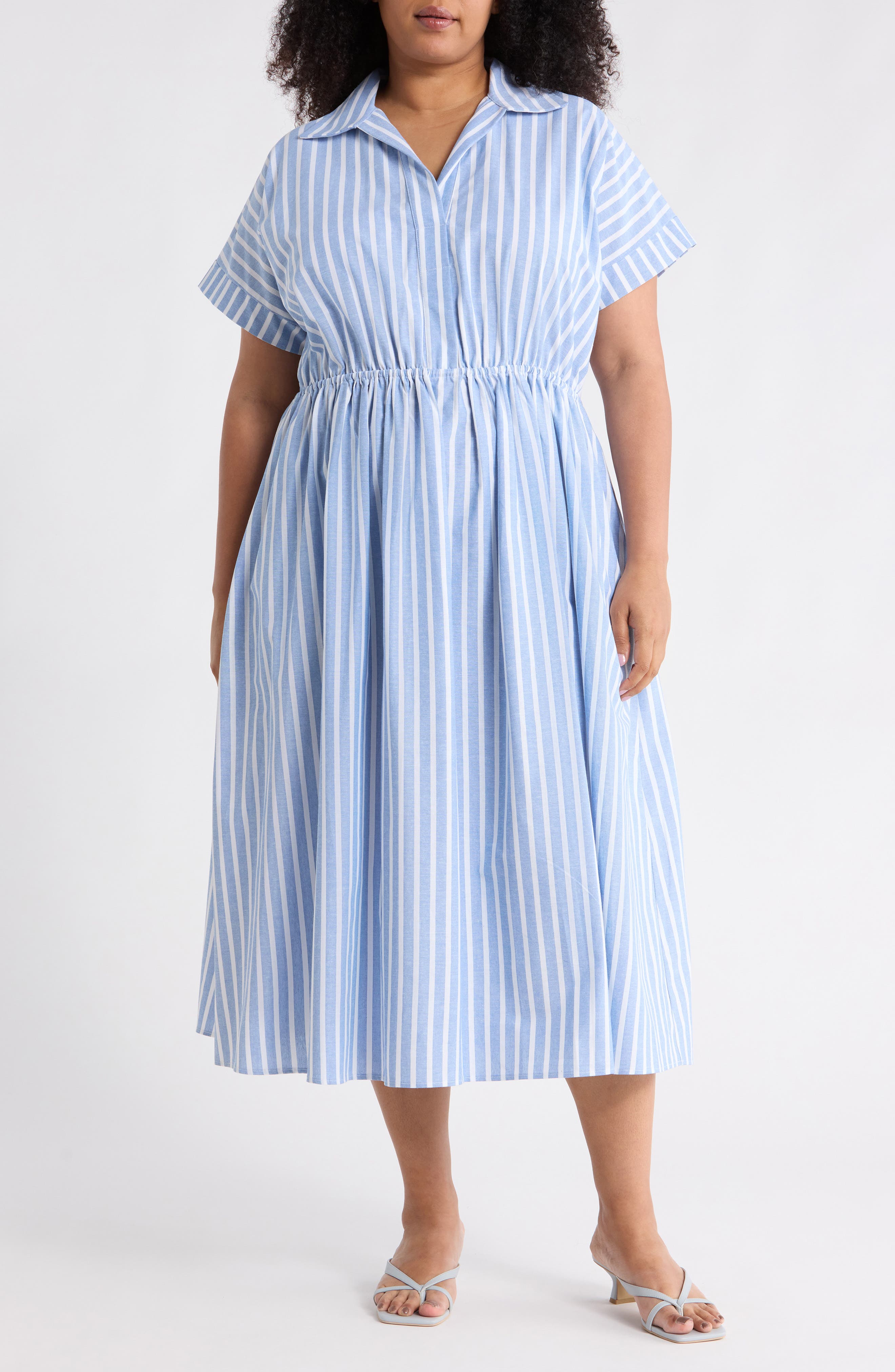 Renee C Stripe Short Sleeve Cotton & Linen Midi Dress