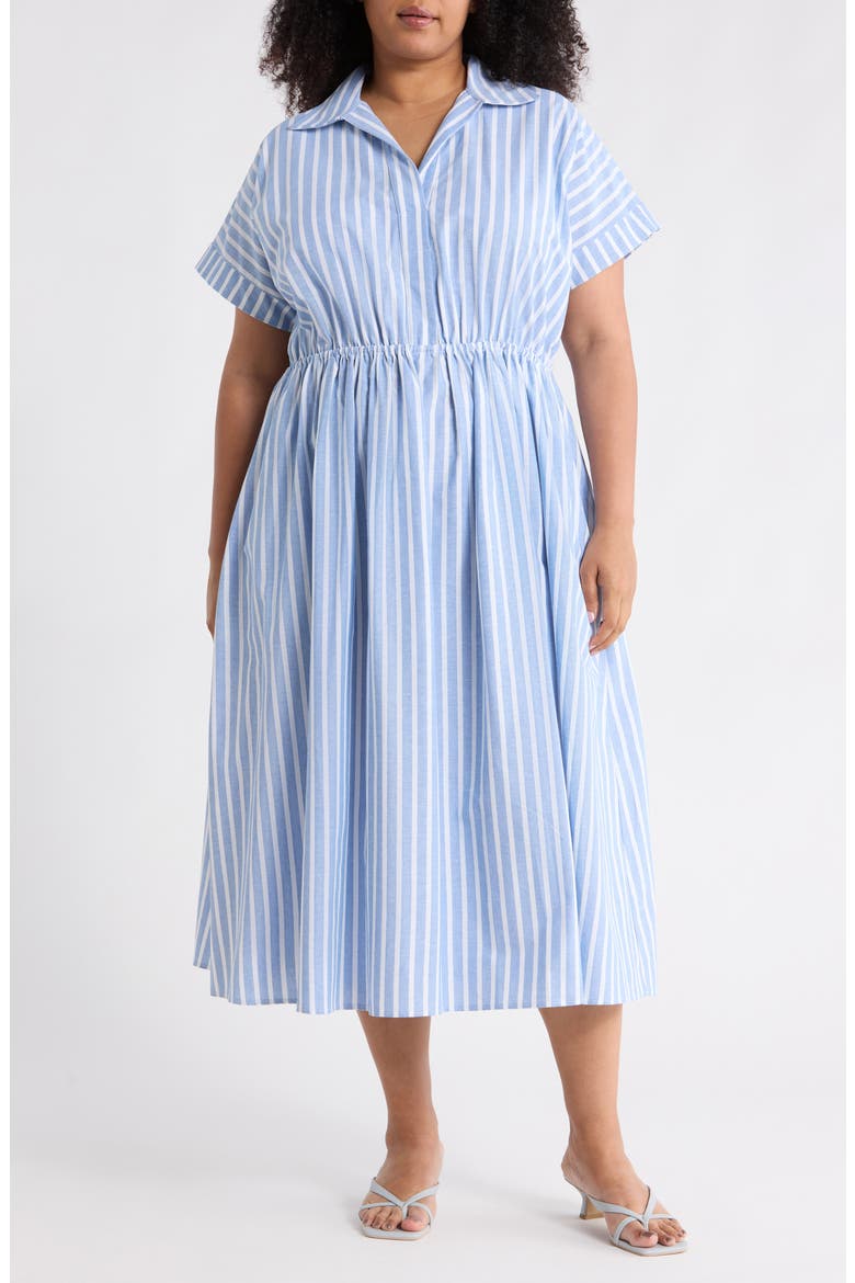 Stripe Short Sleeve Cotton & Linen Midi Dress, Main, color, CHAMBRAY