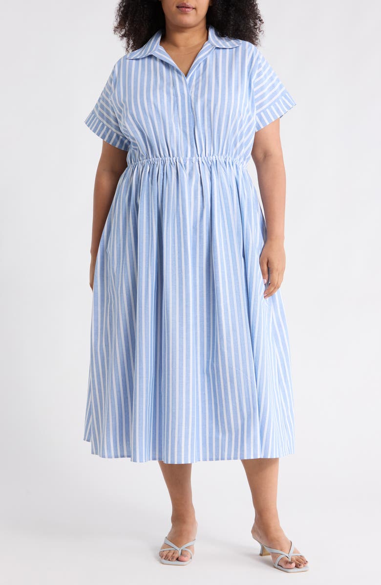 Renee C Stripe Short Sleeve Cotton & Linen Midi Dress, Main, color, Chambray