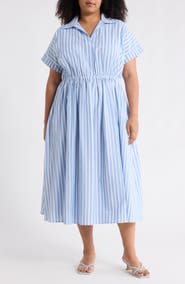 Renee C Stripe Short Sleeve Cotton & Linen Midi Dress