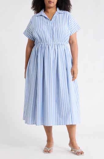 Renee C Stripe Short Sleeve Cotton & Linen Midi Dress