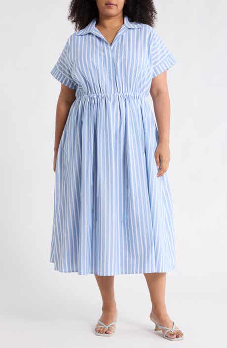 Renee C Stripe Short Sleeve Cotton & Linen Midi Dress