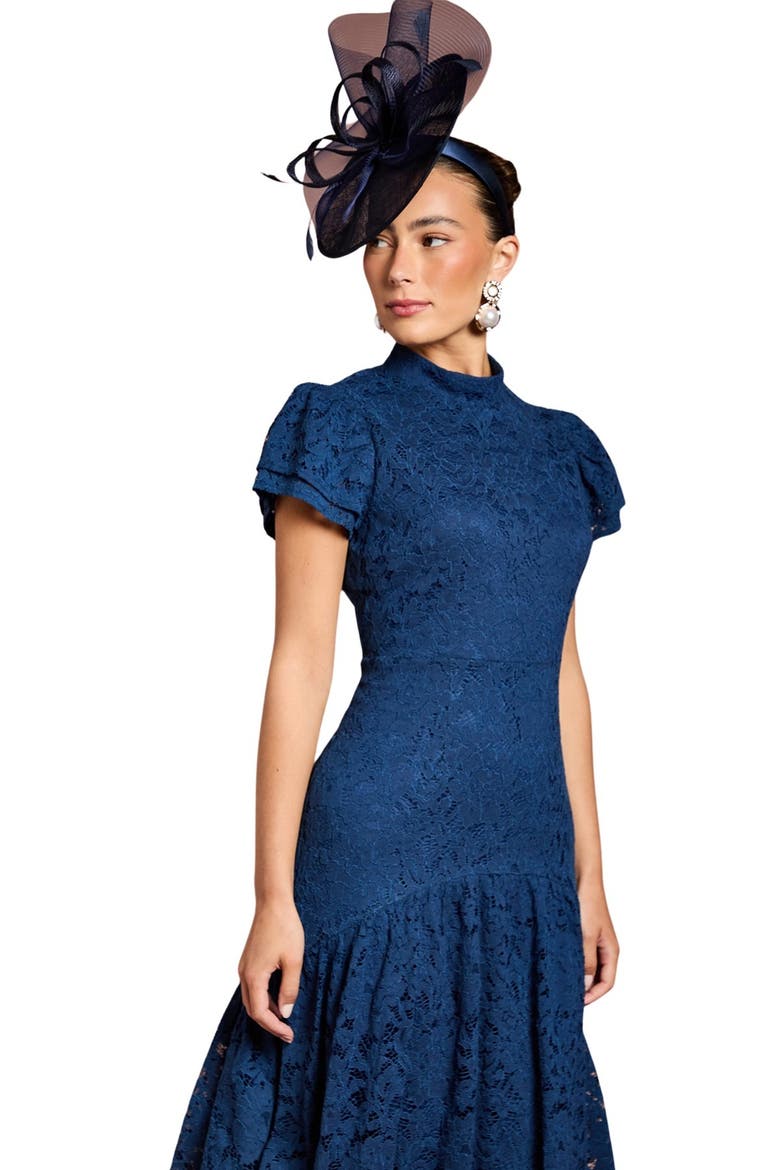 Lace Frill Sleeve High Neck Midi Dress, Alternate, color, Navy