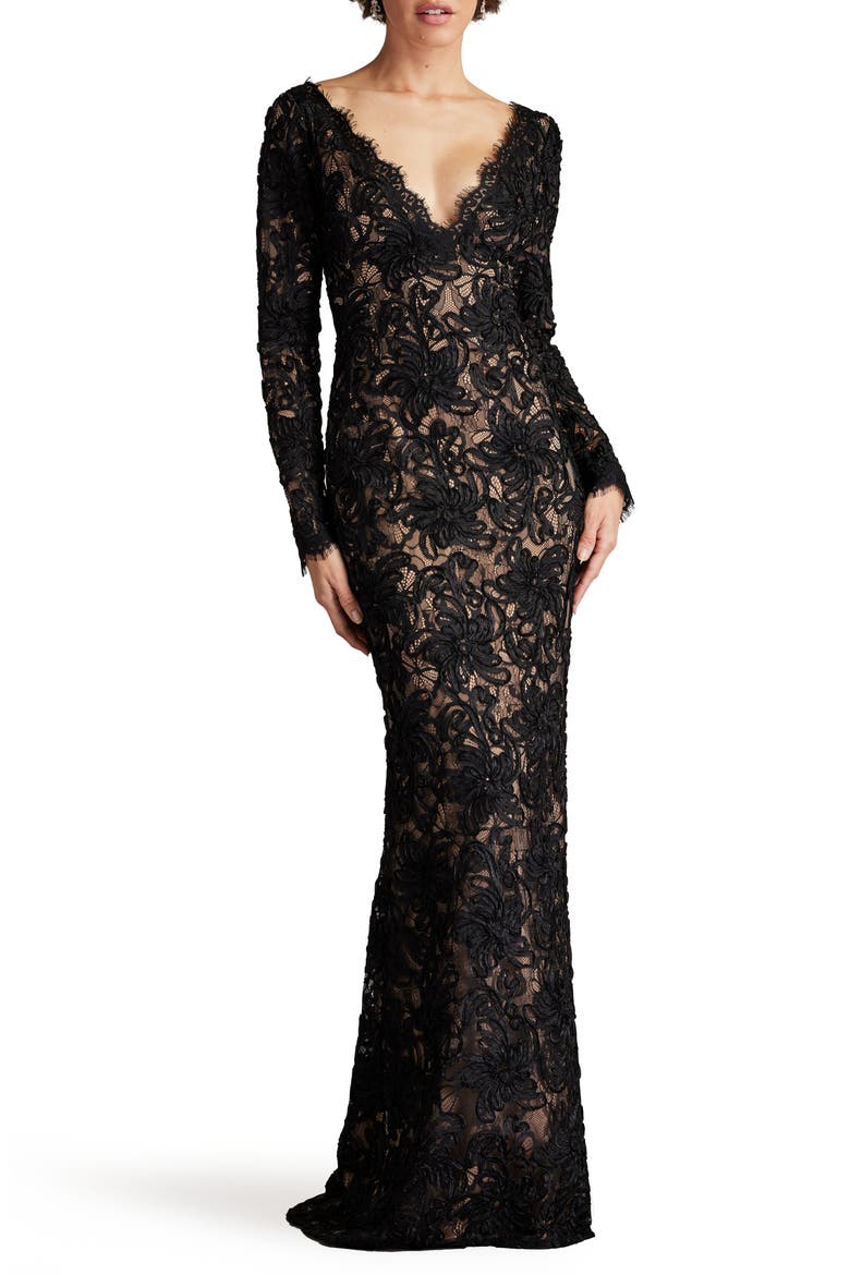 Lace Plunge Neck Long Sleeve Gown, Alternate, color, BLACK/ NUDE