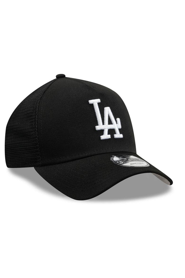 Men's New Era Black Los Angeles Dodgers Side Script 9FORTY A-Frame Trucker Adjustable Hat, Alternate, color, Black