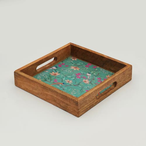 Mela Artisans Aqua Flora Inlay Tray In Brown