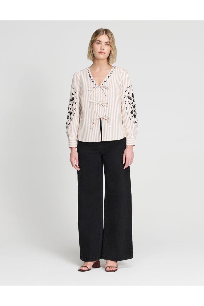 Karlee Cotton Embroidered Tie Front Top, Alternate, color, Neutral Stripe