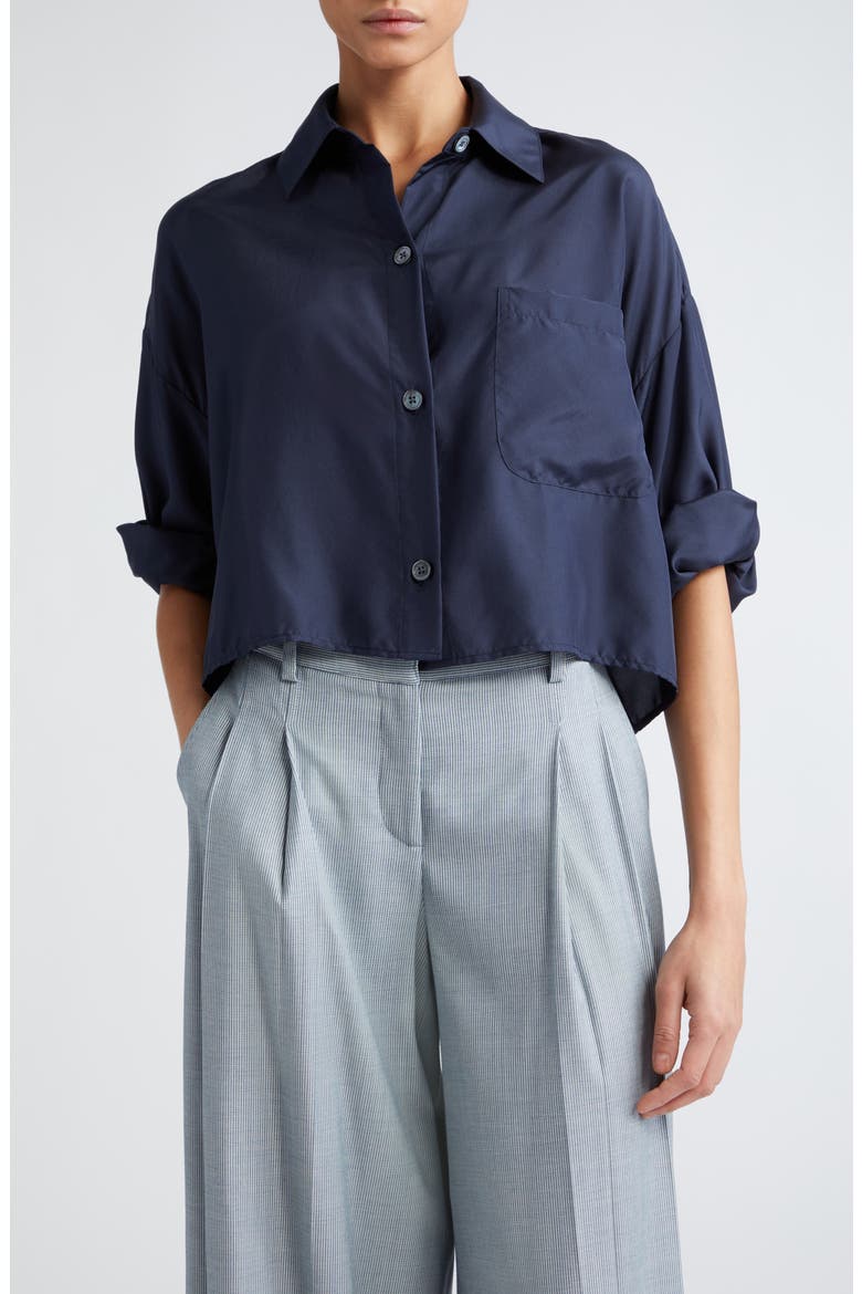 Next Ex Crop Silk Button-Up Shirt, Main, color, MIDNIGHT