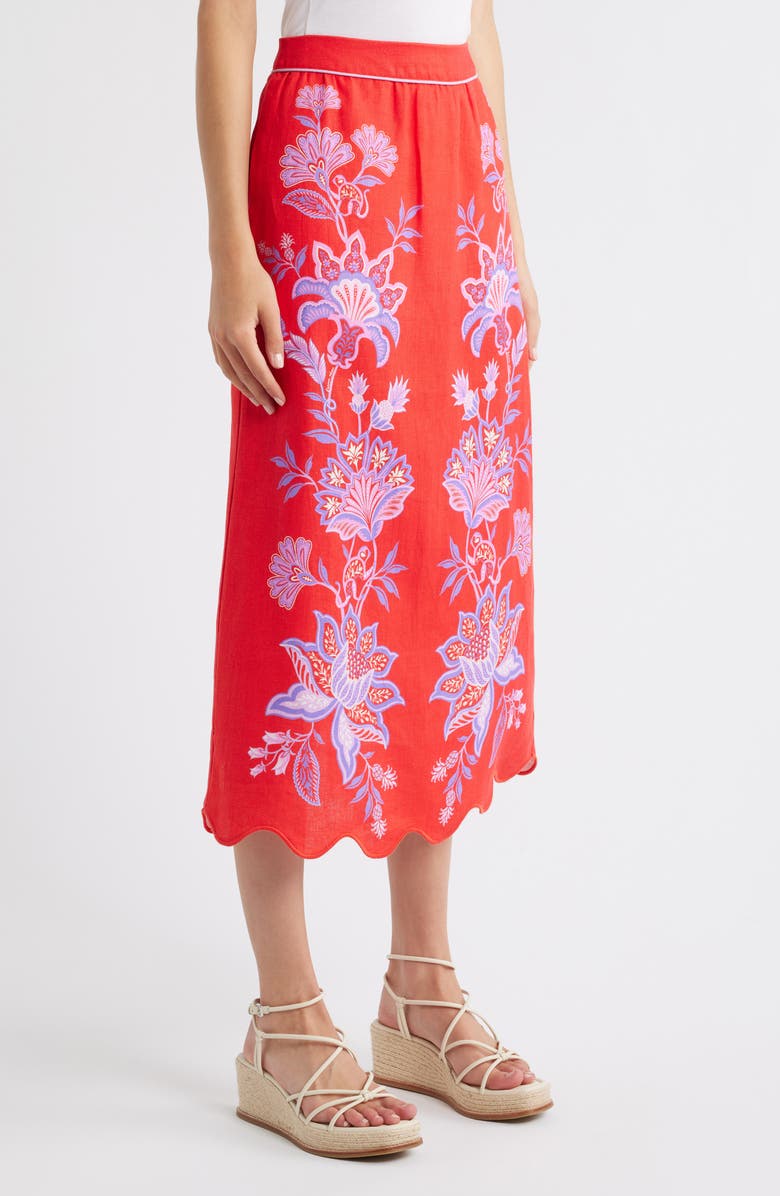 FARM Rio Porcelain Garden Floral Linen Maxi Skirt, Alternate, color, Red