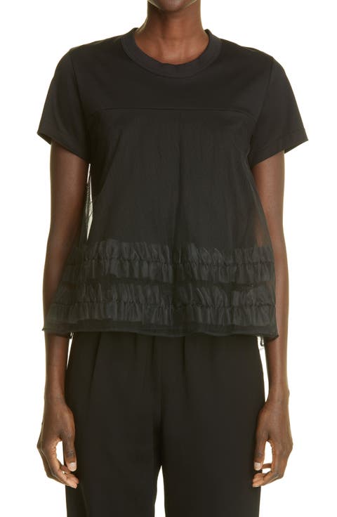 Ruffle Tulle & Cotton Ponte T-Shirt