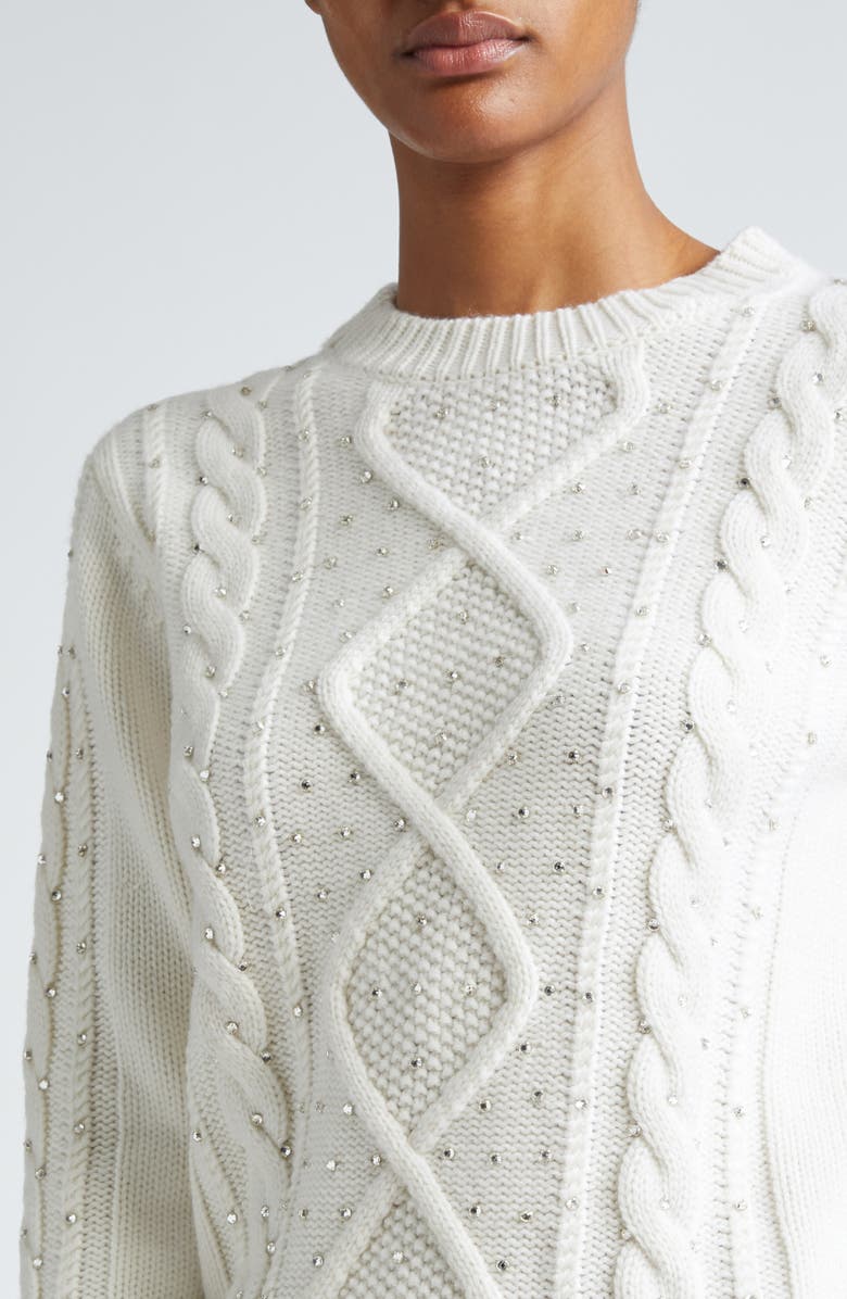 Max Mara Onde Embellished Cable Stitch Wool & Cashmere Sweater, Alternate, color, White