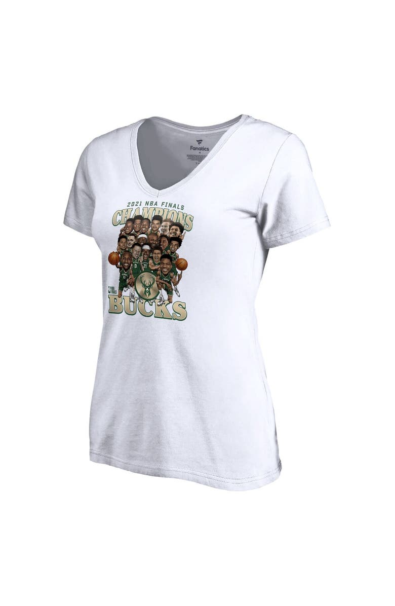 FANATICS Women's Fanatics Branded White Milwaukee Bucks 2021 NBA Finals Champions Team Caricature Roster V-Neck T-Shirt, Alternate, color, 