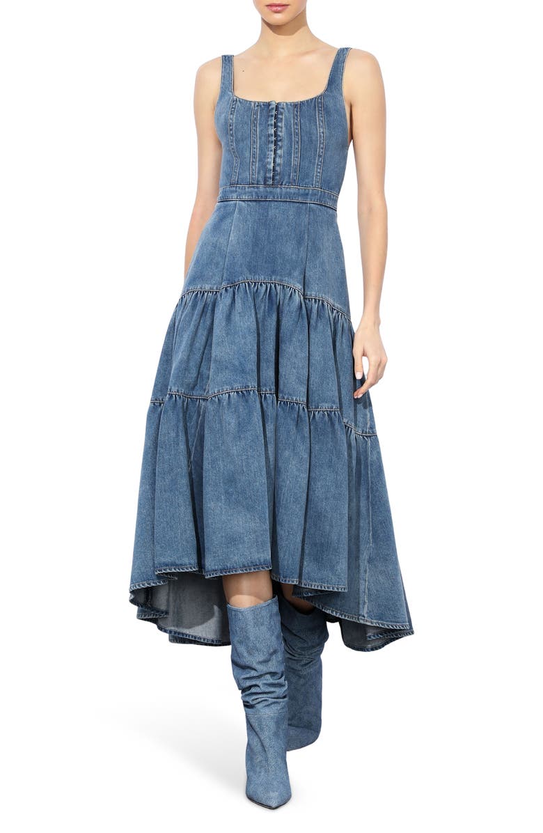 Alice + Olivia Diana Structured Tiered High-Low Maxi Dress, Main, color, 