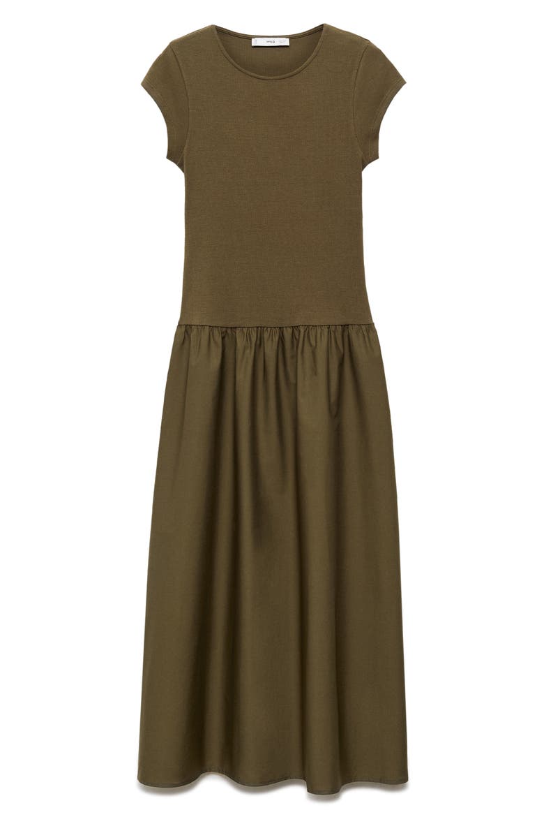 Mixed Media Fit & Flare T-Shirt Dress, Main, color, KHAKI GREEN