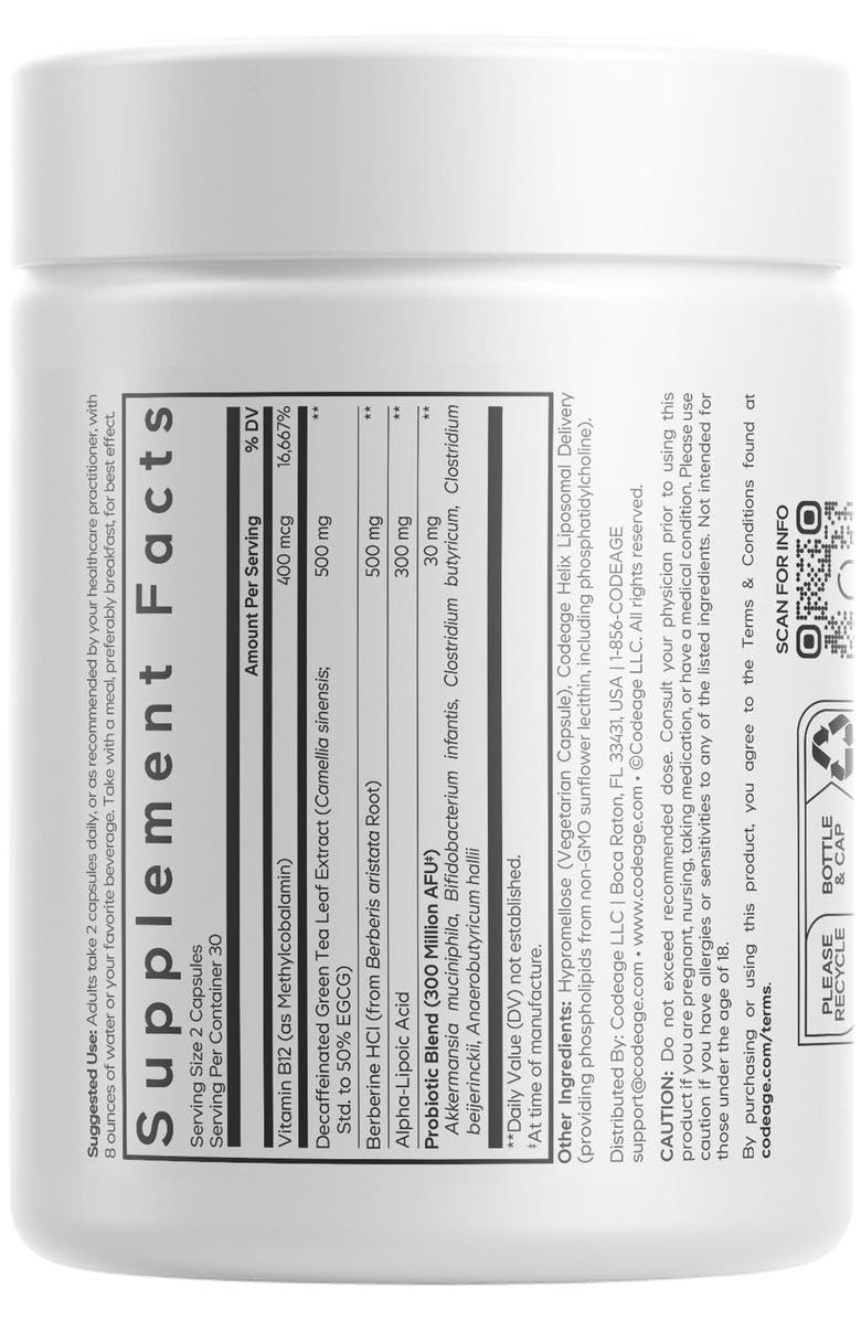 Codeage M-Burn Optimized Decaf Green Tea, Berberine, ALA & Probiotics Supplement, Alternate, color, White