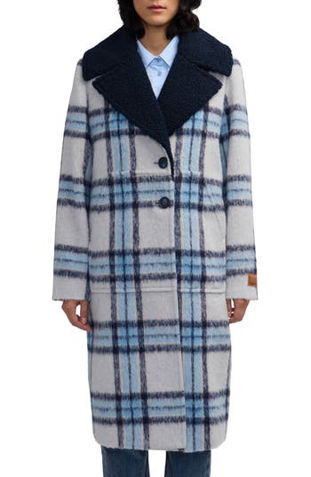 Scotch & Soda Alida Faux Shearling Collar Overcoat In Blue