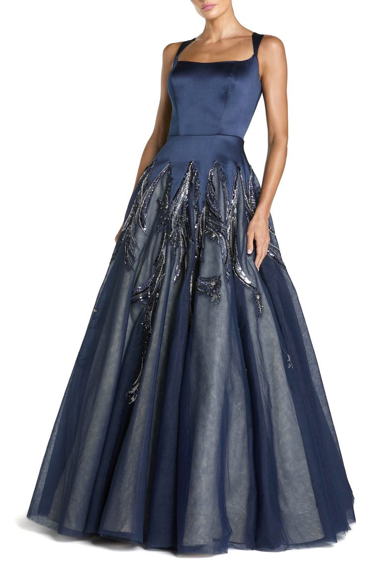 Embellished Satin Ball Gown With Tulle Skirt, Main, color, Midnight