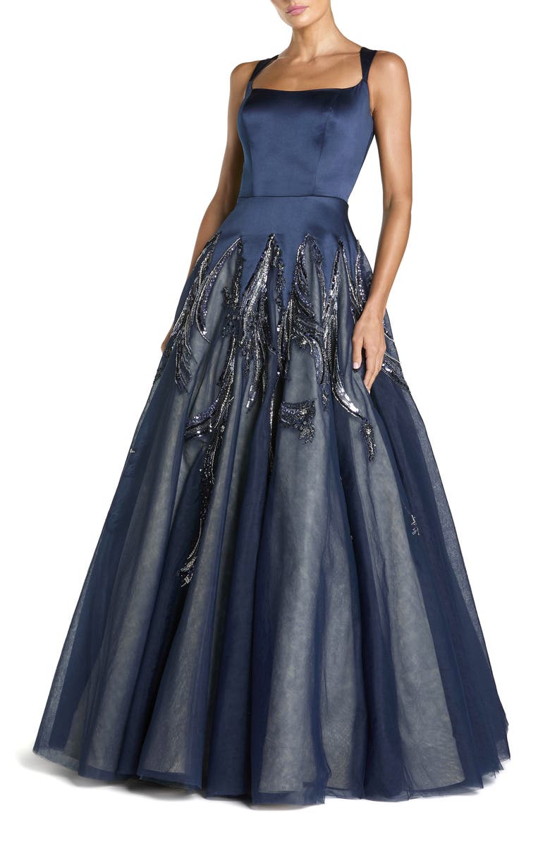 Mac Duggal Embellished Satin Ball Gown With Tulle Skirt, Main, color, Midnight
