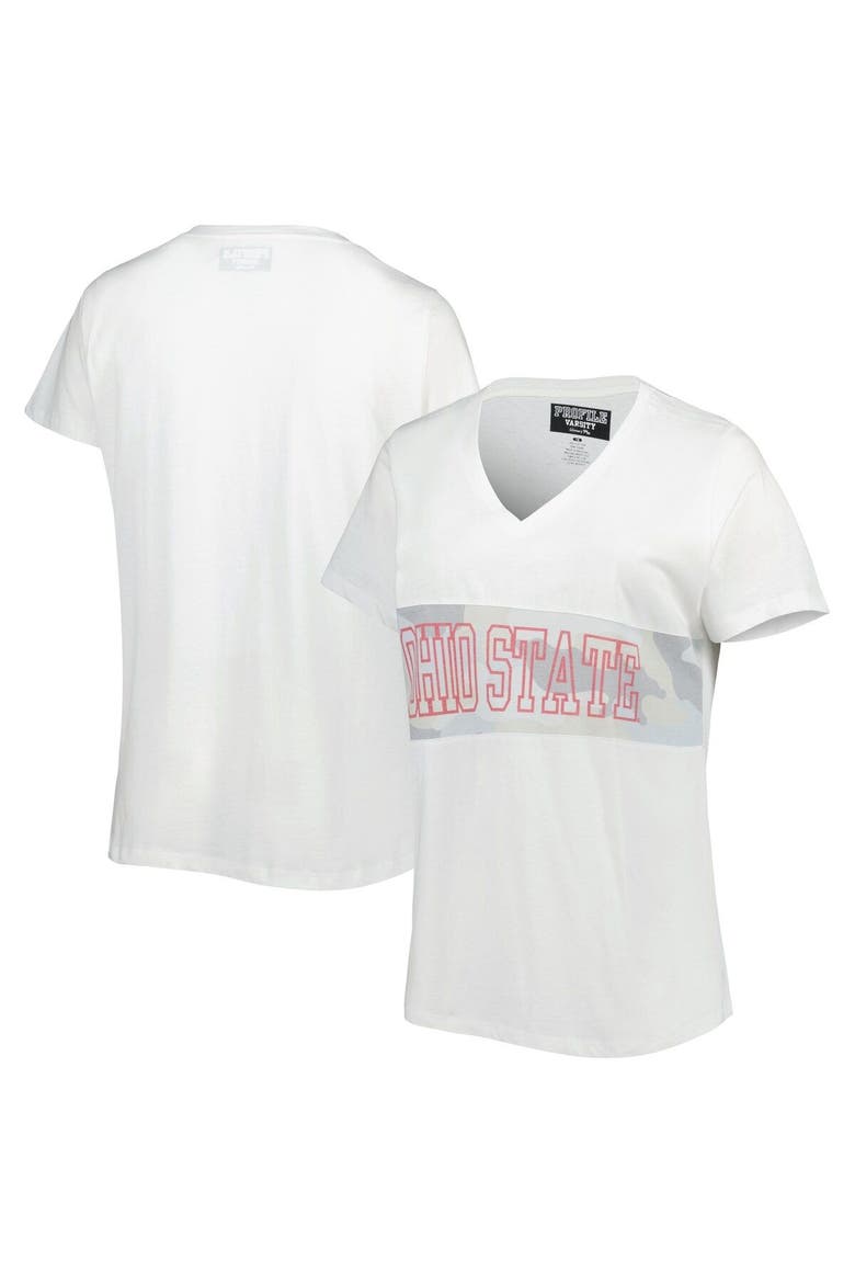 Women's White/Arctic Camo Ohio State Buckeyes Plus Size Pieced Body V-Neck T-Shirt, Main, color, White