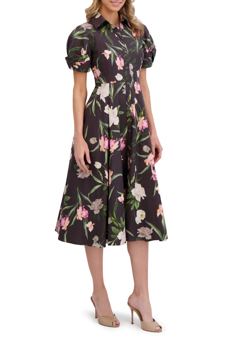 Ted Baker Floral Balloon Sleeve Cotton Shirtdress, Main, color, Rich Black