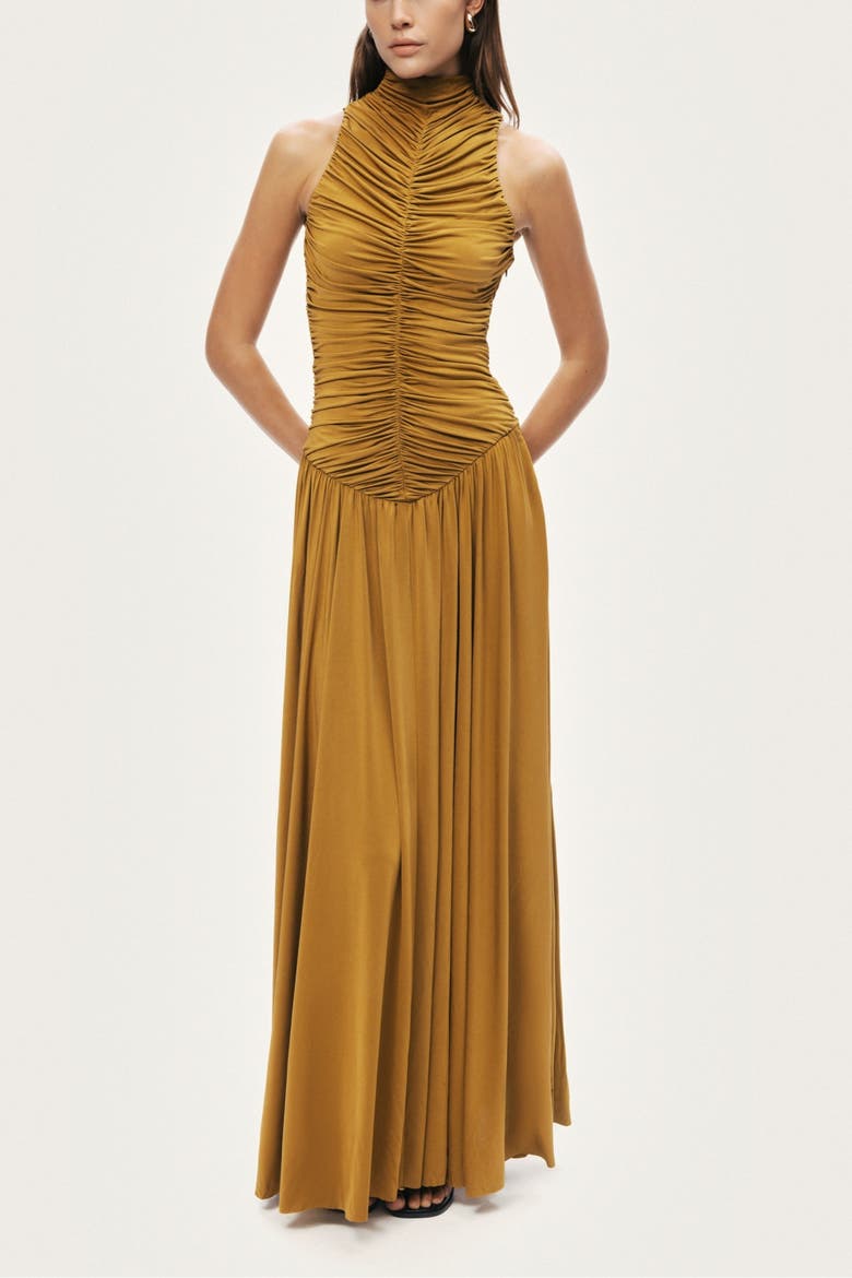 Ruched High-Neck Maxi Dress, Alternate, color, Camel